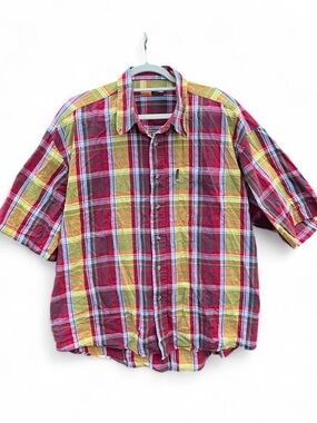 Y2K Raider Mens Multicolor Plaid Short-Sleeve Shirt - Red & Yellow